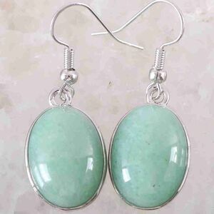 NEW Women's Oval-Shaped Green Aventurine Silver Earrings, 18-13mm
